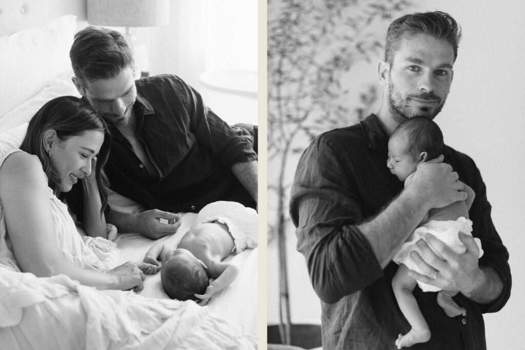 Black and white newborn photos in Sydney of parents cuddling their baby at home, including a portrait of dad holding baby