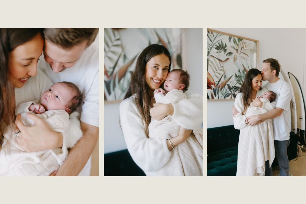 A collage of in-home newborn photos showing parents holding their baby in calm, everyday moments in Sydney.