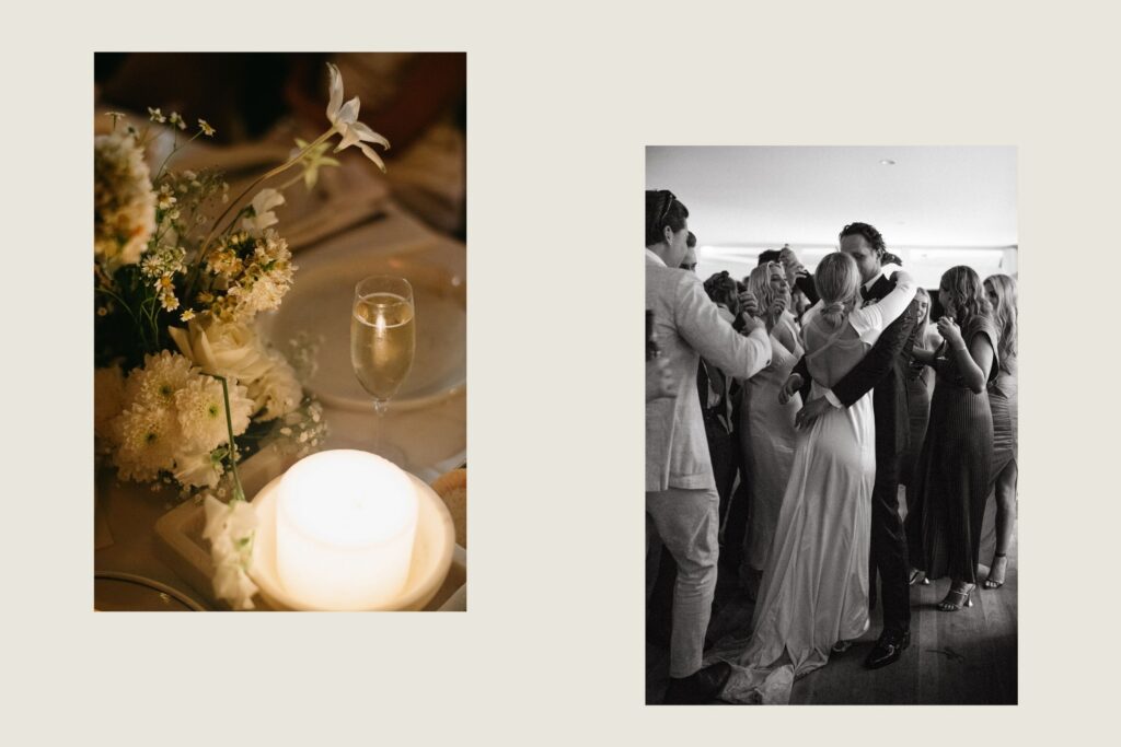 Wedding album open to two pages — champagne and florals on the left, guests embracing the couple in celebration on the right — intimate wedding photography by Tealily Photography Sydney