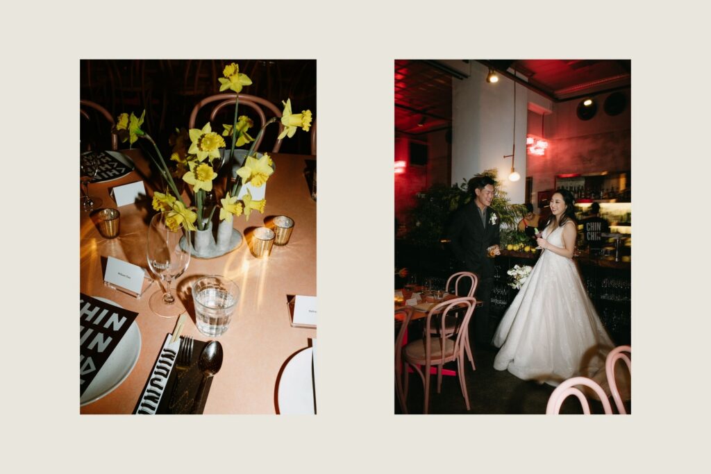 Wedding album open to two pages — botanical florals on the left, a bride in a restaurant ceremony setting on the right — small wedding photography in Surry Hills by Tealily Photography