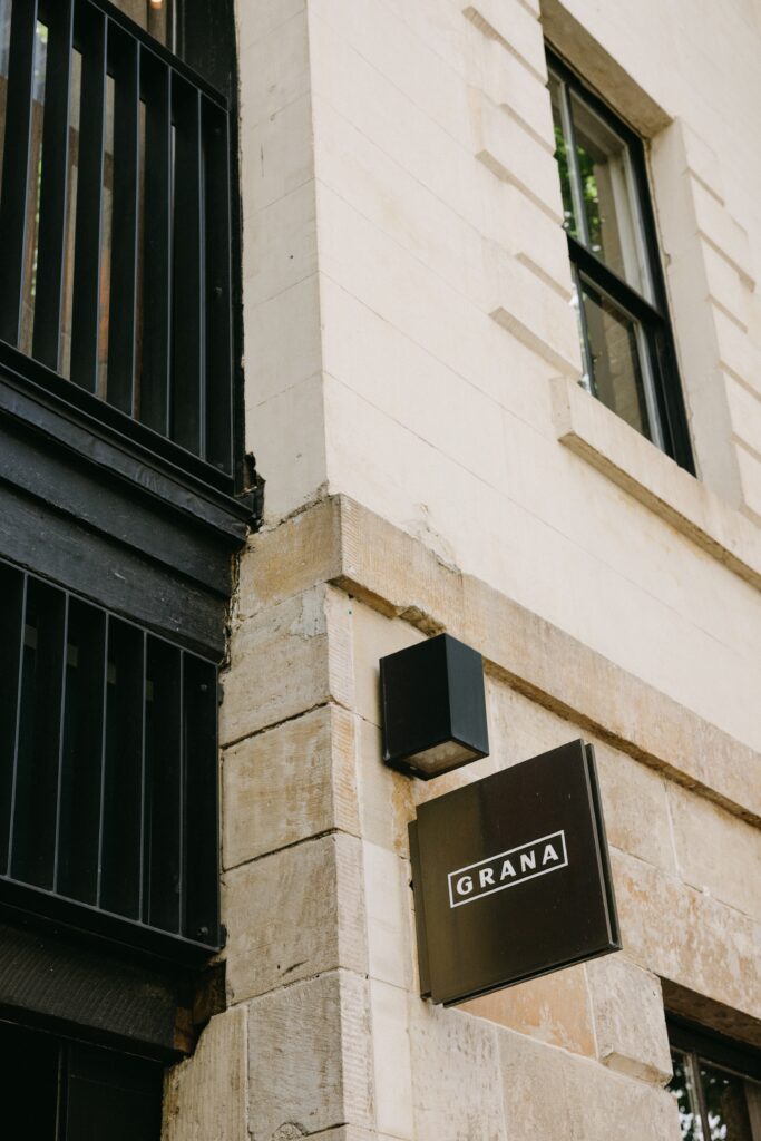 Exterior street sign for Grana restaurant near Circular Quay, Sydney — intimate wedding venue option photographed by Tealily Photography