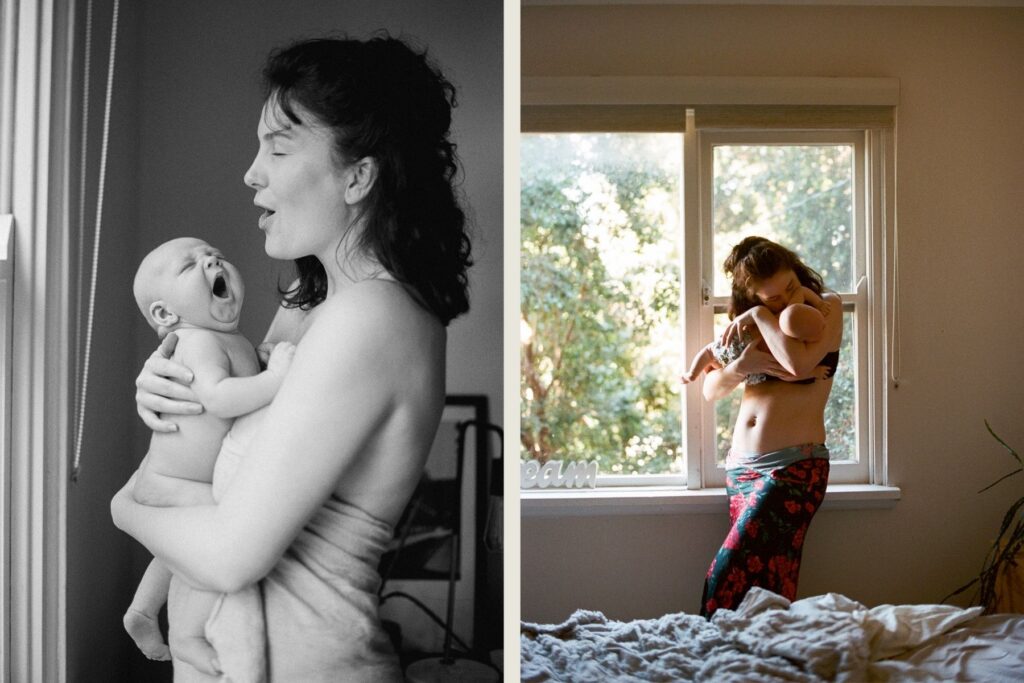 Two photos side by side of a mother and a baby, set intimately at home in the bedroom and filled with tenderness