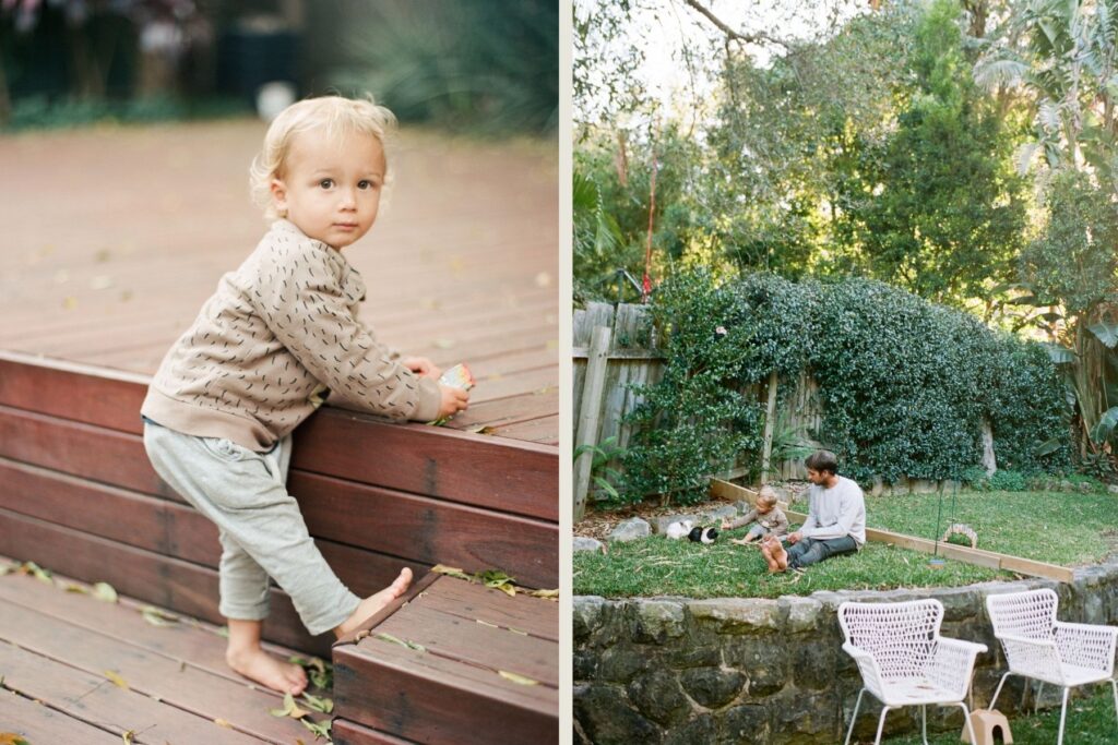 Two photographs captured on 35mm film of a young boy, his dad, and his guinea pigs out in the backyard