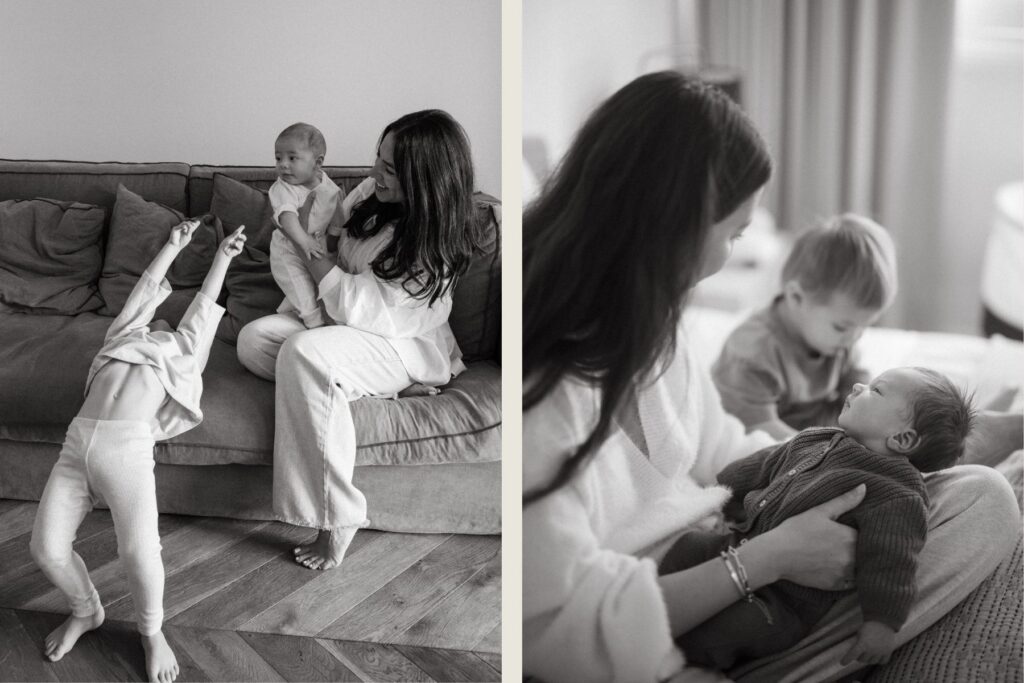 Two black and white photos depicting family life with a young baby and a toddler captured in a documentary fashion at home