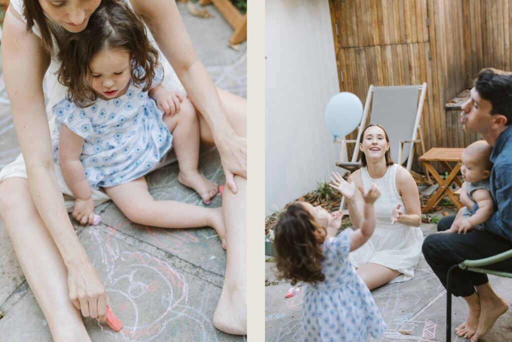 a family at ease in their courtyard during a family photography shoot with Tealily in Paddington
