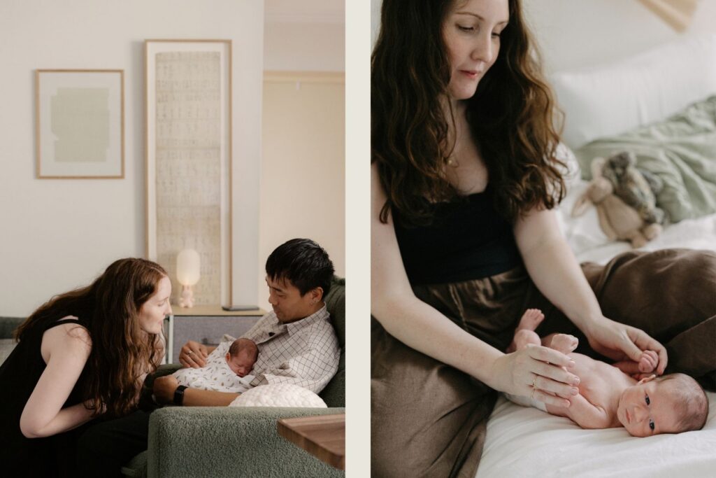 Two tender images of parents with their newborn at home photographed in a documentary, unobtrusive way